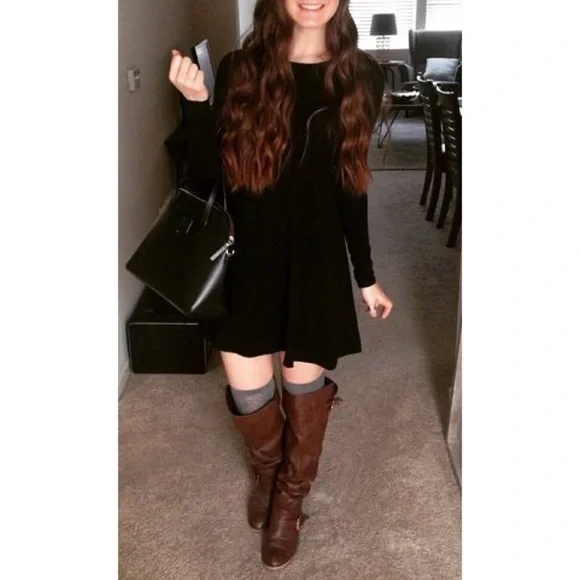 Express Black Long Sleeve Jersey Skater Dress - Picture 1 of 5